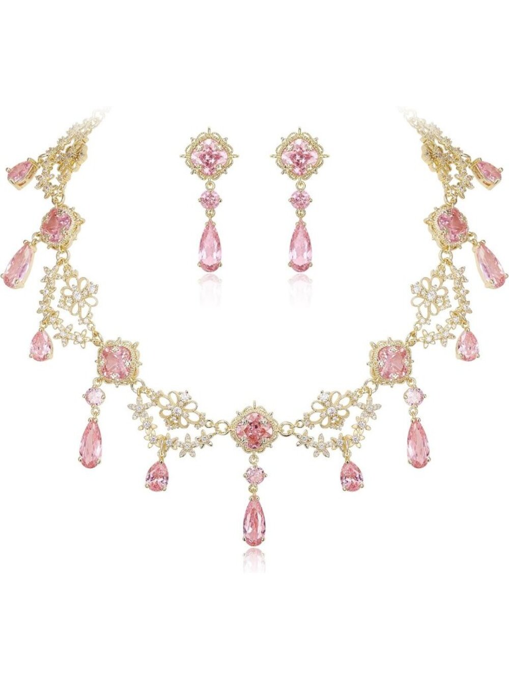 1920s Inspired Multi-Layered Collar Necklace & Earrings Set - Purple Cubic